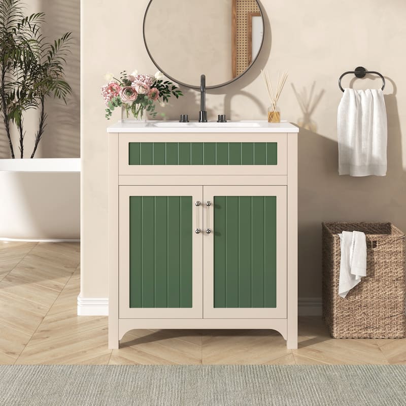 Bathroom Vanity with Sink Combo Set, Bathroom Storage Cabinet with Height Adjustable Shelf, Vanity Set with Ceramic Sink