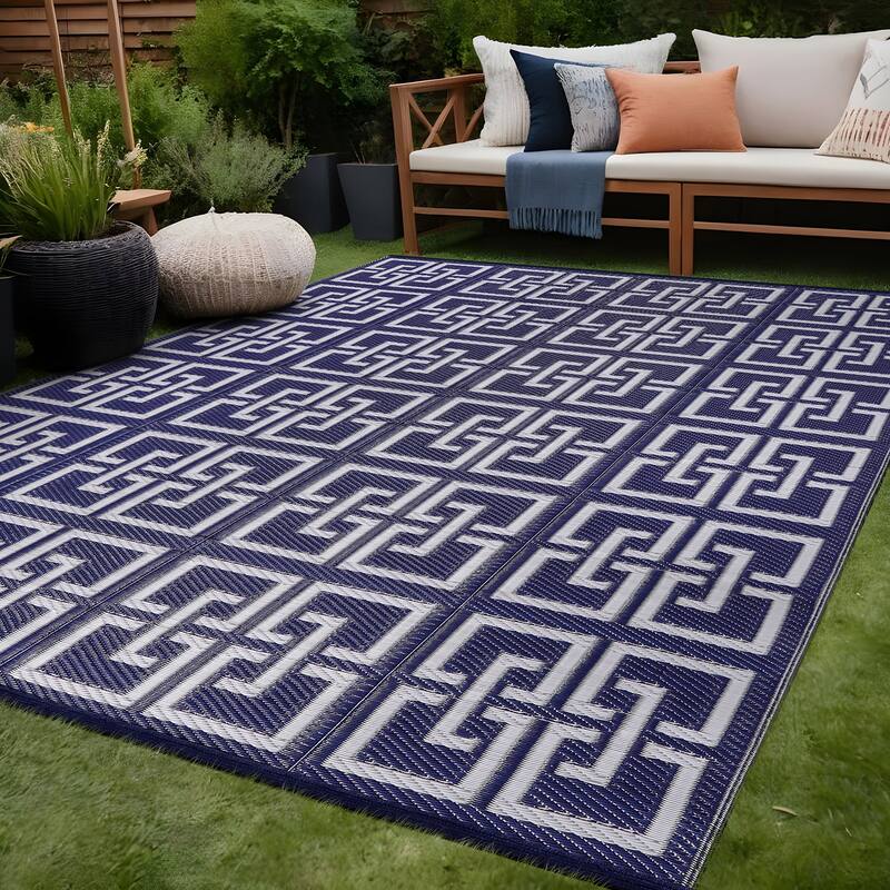 Beverly Rug Geometric Greek Key Outdoor Rug Waterproof for Patio, RV Camping