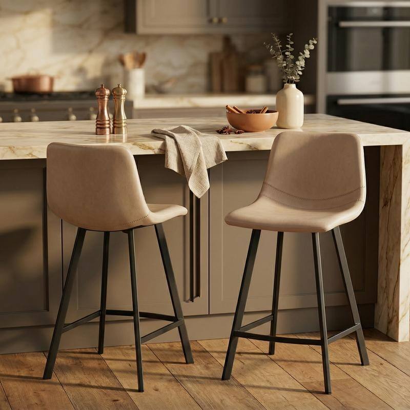 Elland Modern Minimalist Leather Upholstered Bar Stool with Accent Black Metal Base and Back Support for Home Bar or Kitchen