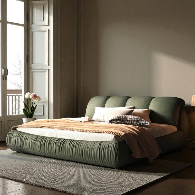 Queen/King Size Luxury Upholstered Platform Bed with Oversized Padded Headboard, Solid Wood Frame & Adjustable Mattress Height - Green - King