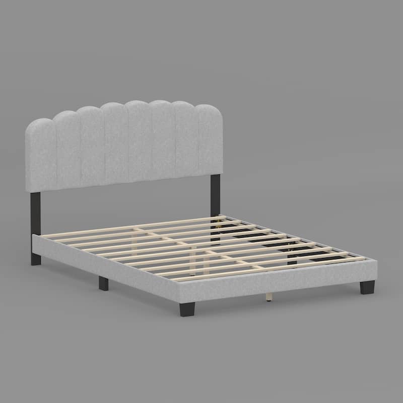 Queen Size Bed Frame Platform with Scalloped Pattern Headboard