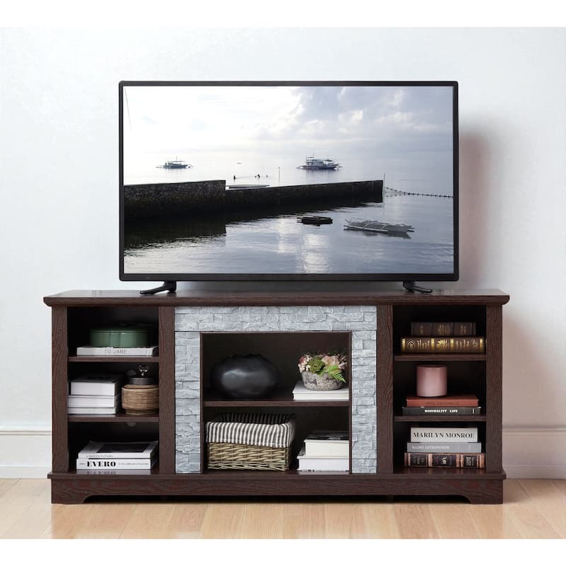 Mantel Stone 58" TV Stand with Faux Stacked Stone Surround, Modern Media Console with Open Storage & Cable Management - Cherry