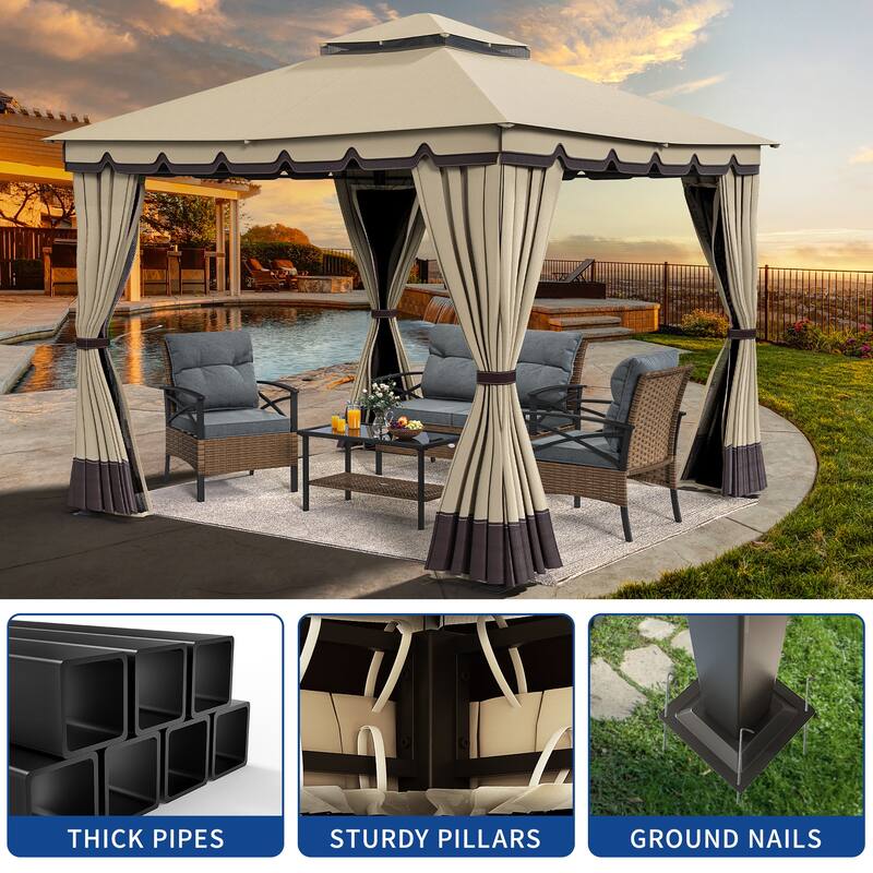Outdoor 10x10/12Ft Patio Gazebo Canopy with Soft Roof Netting Curtains