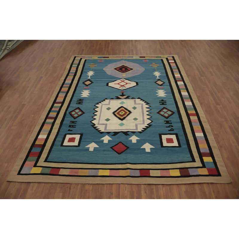Hand Woven Oriental 100% Wool Carpet Southwestern Tribal Navy Blue & Blues Kilim Area Rug - 11' 11'' X 8' 11''