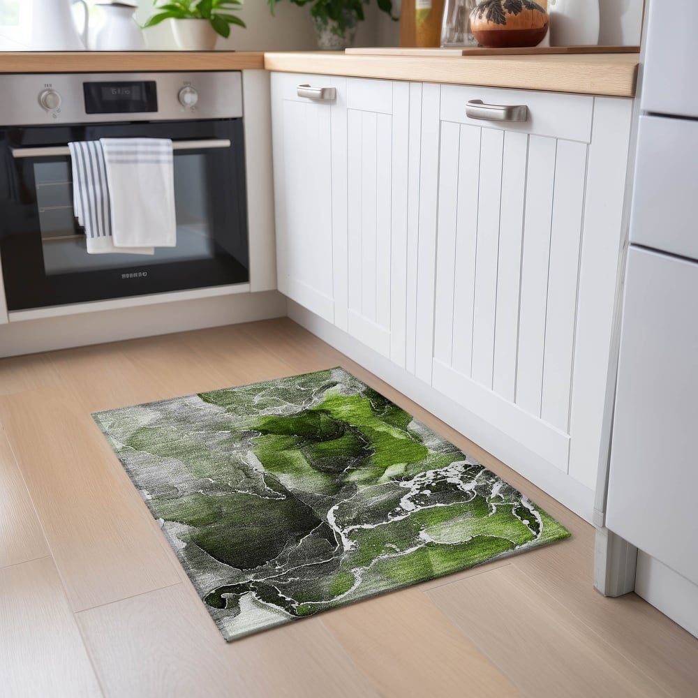 Machine Washable Indoor/ Outdoor Chantille Abstract Green Rug