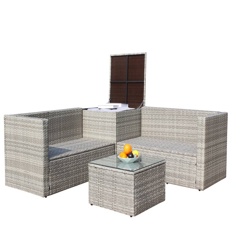 4 Pcs Patio Furniture Set, All Weather Outdoor Conversation Set, Wicker Rattan Sectional Sofa Set with Storage Box and Table