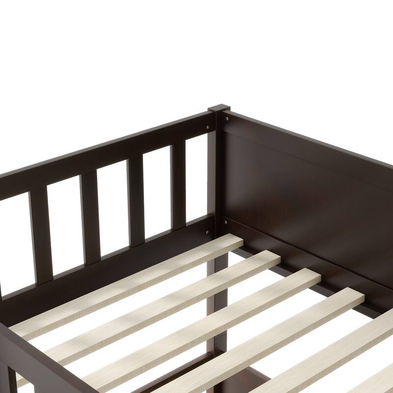 Triple Twin Size Rubber Wood Bunk Bed with Ladders and Guardrails, Detachable, Espresso