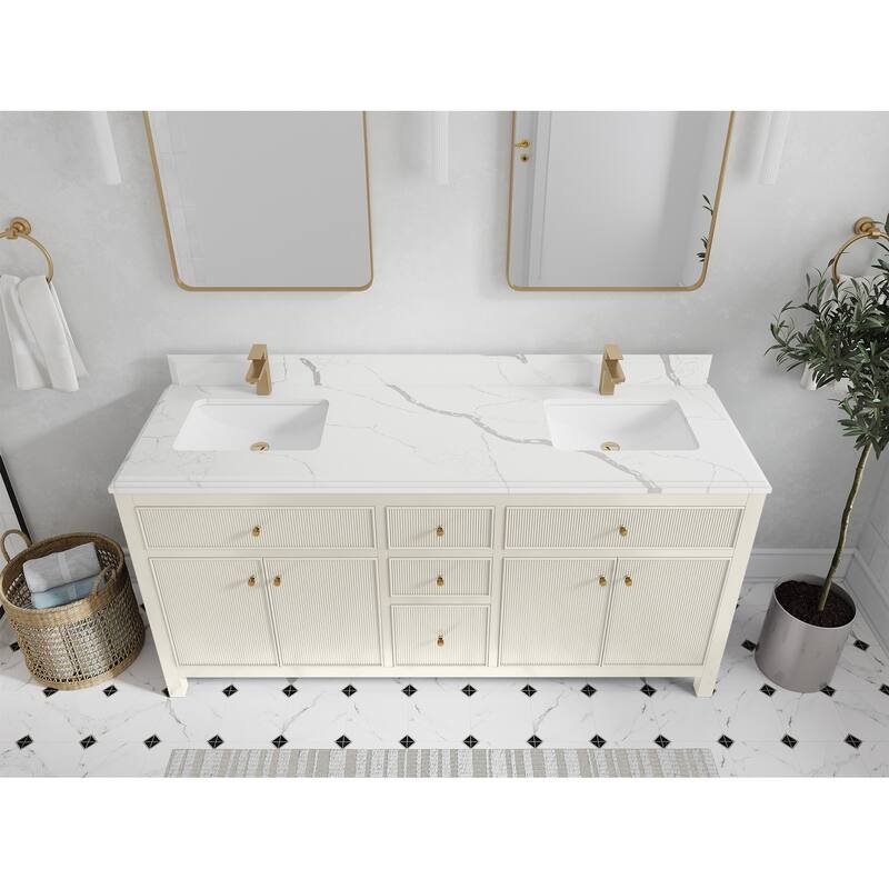 Willow Collections 72 in W x 22 in D Sonoma Free Standing Reeded Double Sink Bathroom Vanity with Countertop - 1.5”Calacatta Laza - Ivory