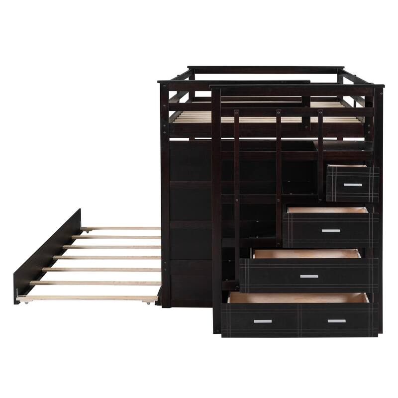 Space-Saving Twin-Over-Twin Bunk Bed with Multifunctional Staircase and Trundle