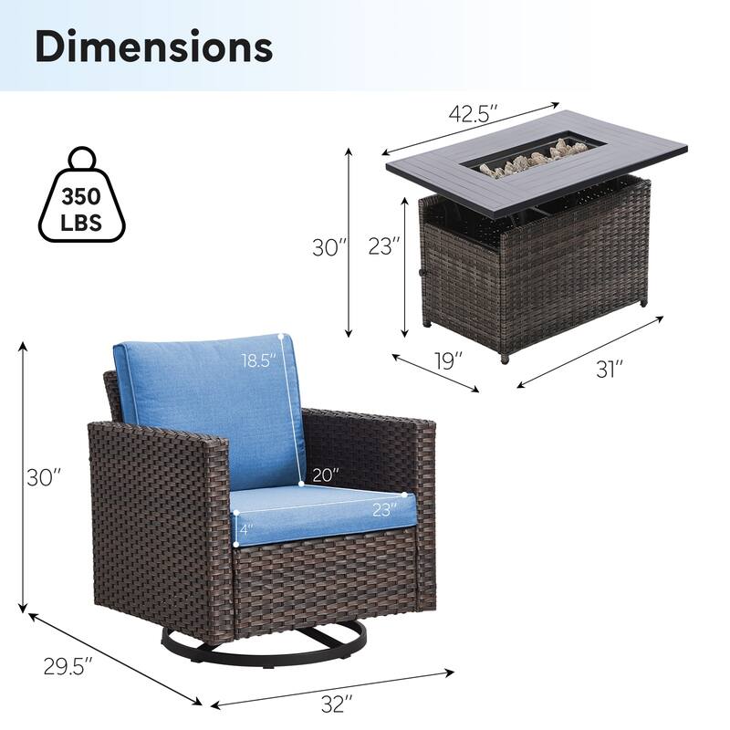Outdoor Grey Wicker Fire Pit Table with 4 Swivel Chairs