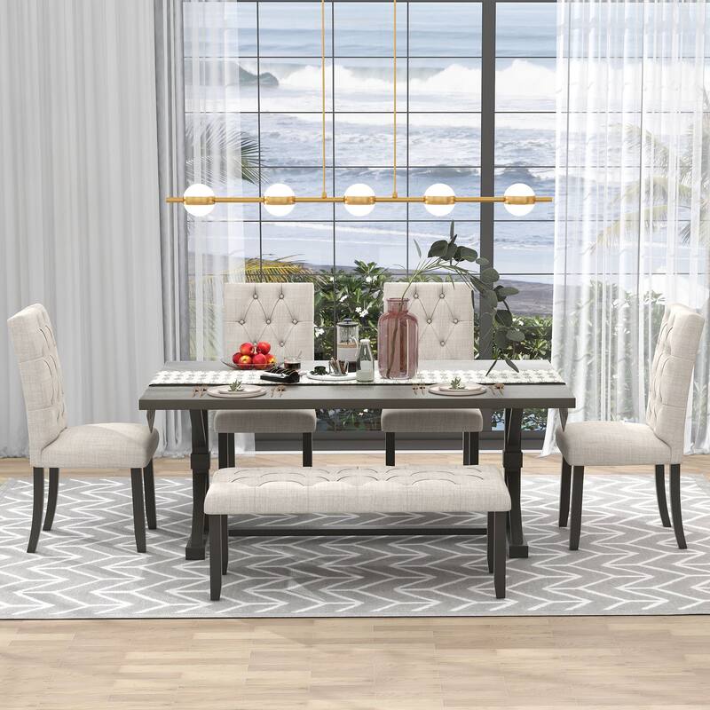 6-Piece Farmhouse Dining Table Set 72" Wood Rectangular Table, 4 Upholstered Chairs with Bench