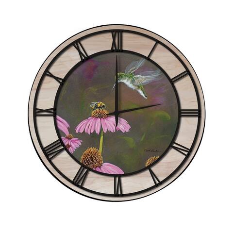 Wall Clock with Natural Woodgrain Accent - Competition Bee Hummingbird - Black Numbers - 24" x 24"