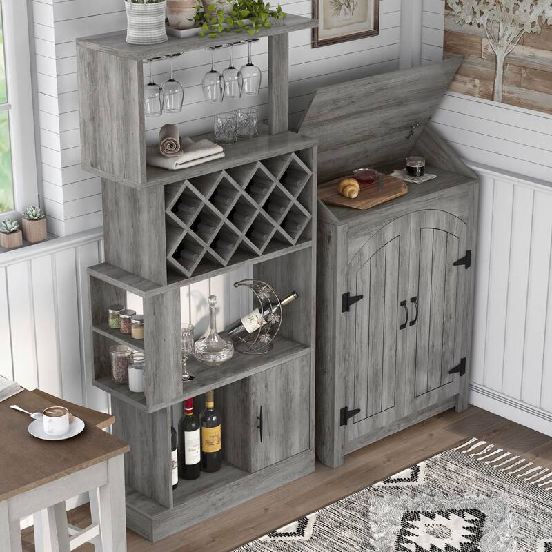 Darci Farmhouse Vintage Grey Oak Multi-Storage 2-Piece Wine Bar Set by Furniture of America - Vintage Grey Oak