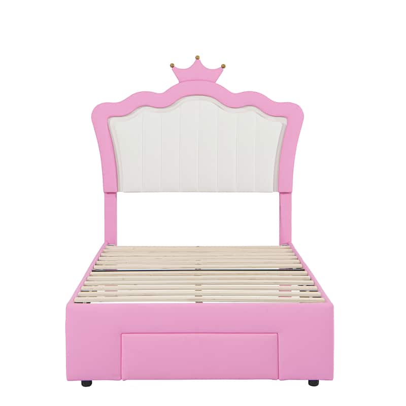 Faux Leather Upholstered Princess Bed Platform Bed Frame with Adjustable Height Crown Headboard, LED Lights and Storage Drawer
