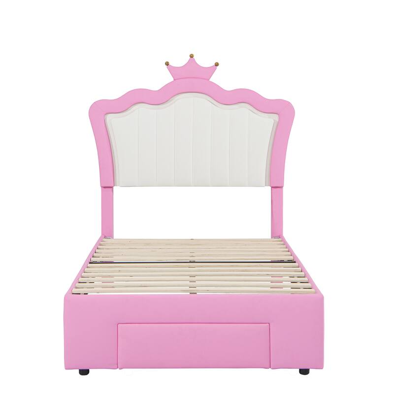 Princess Bed with Crown Headboard,Upholstered Bed Frame with LED Lights