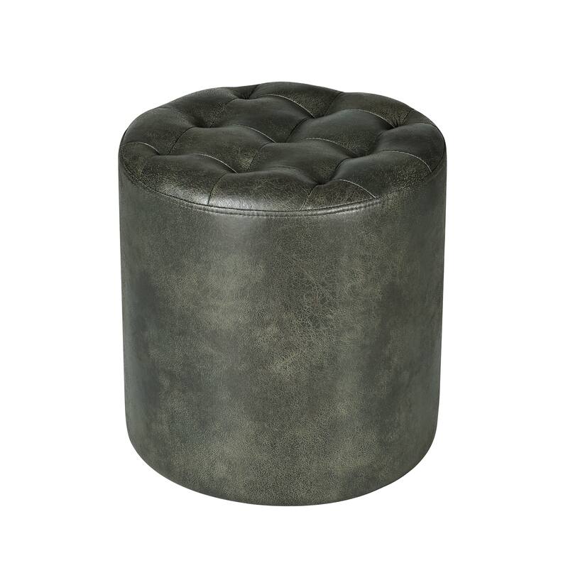Adeco Round Ottoman Upholstered Tufted Faux Leather Footrest
