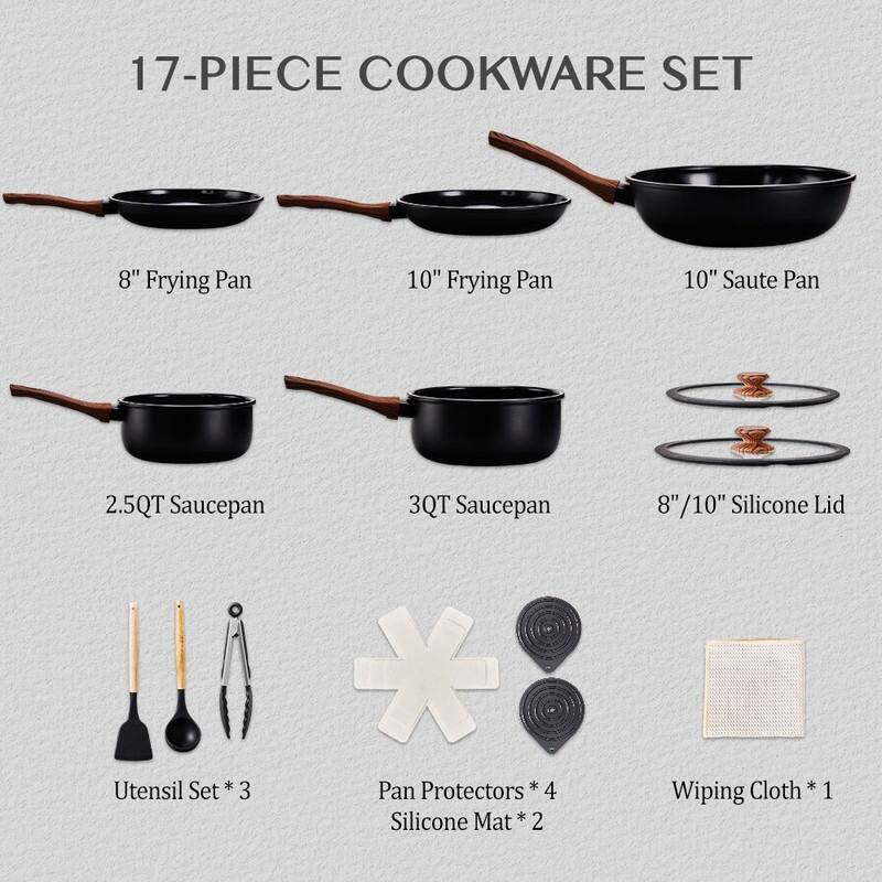 17 Pcs Nonstick Pots And Pans Set Cast Aluminum Cookware Set