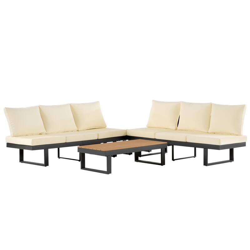 Outdoor Patio Conversation Sofa Set L-shape Sectional Sofa Set with Adjustable Reclining Seats, Coffee Table, Side Table