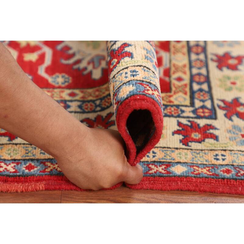 Red Geometric Kazak Oriental Accent Rug Bathroom Handmade Wool Carpet - 2'10" x 4'1"