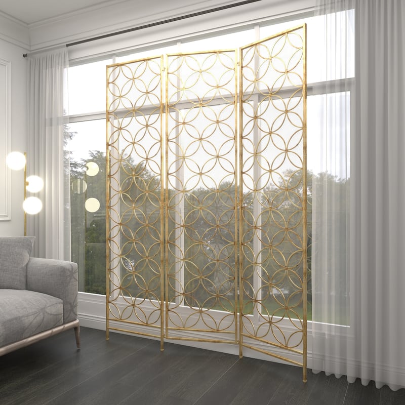 Metal Geometric Hinged Foldable Partition 3 Panel Partition Room Divider Screen - Brass - Roche River Decor