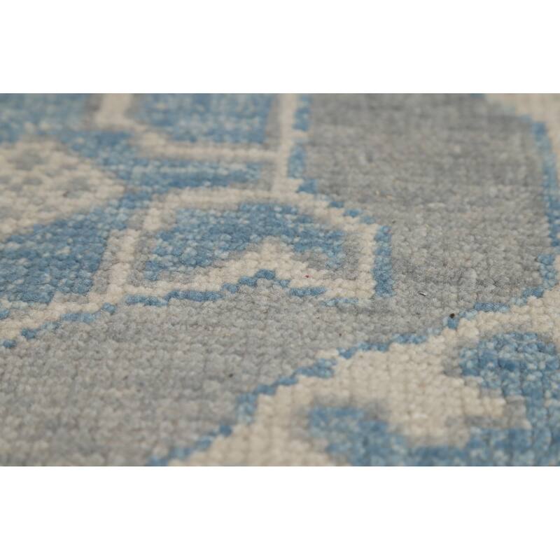 Hand Knotted Oriental 100% Wool Carpet Transitional Geometric Navy Blue & Blues Oushak Runner Rug - 15' 11'' X 3' 4''