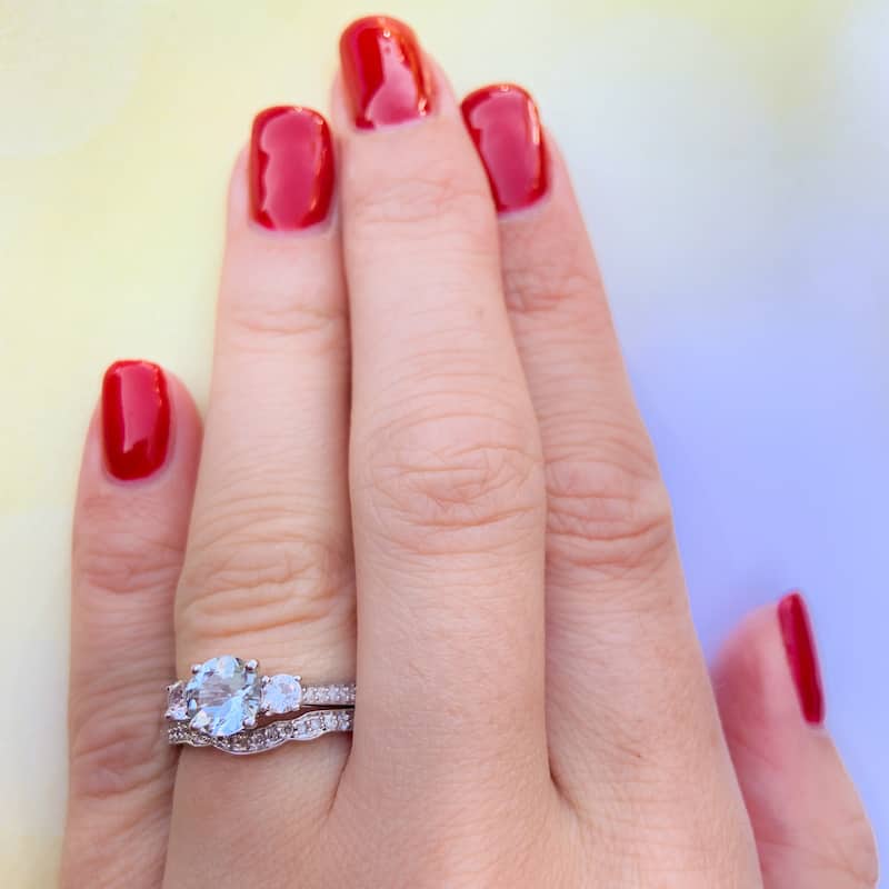 Miadora 10k White Gold Aquamarine Created White Sapphire 1/7ct TDW Diamond 3-stone Bridal Ring Set