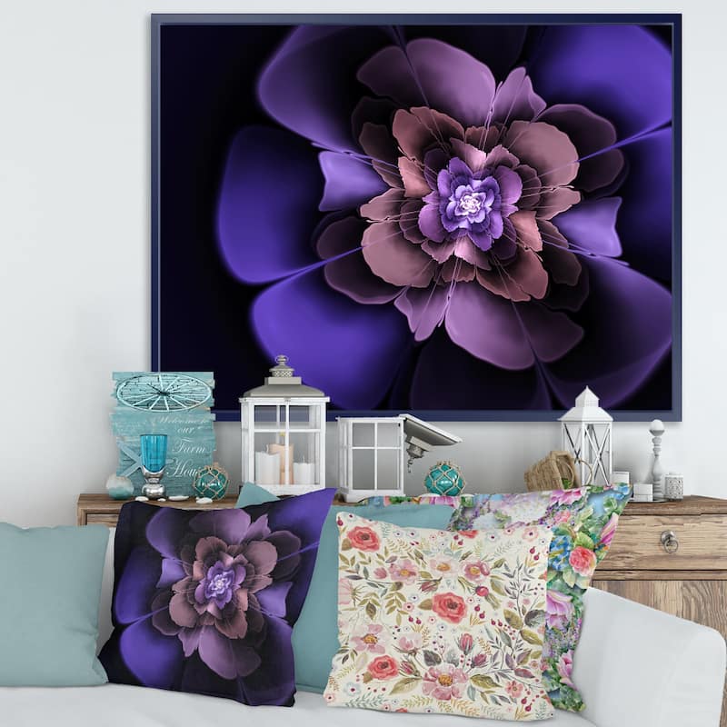 Designart "Blue Fractal Flower in Dark" Floral Framed Canvas Art Print