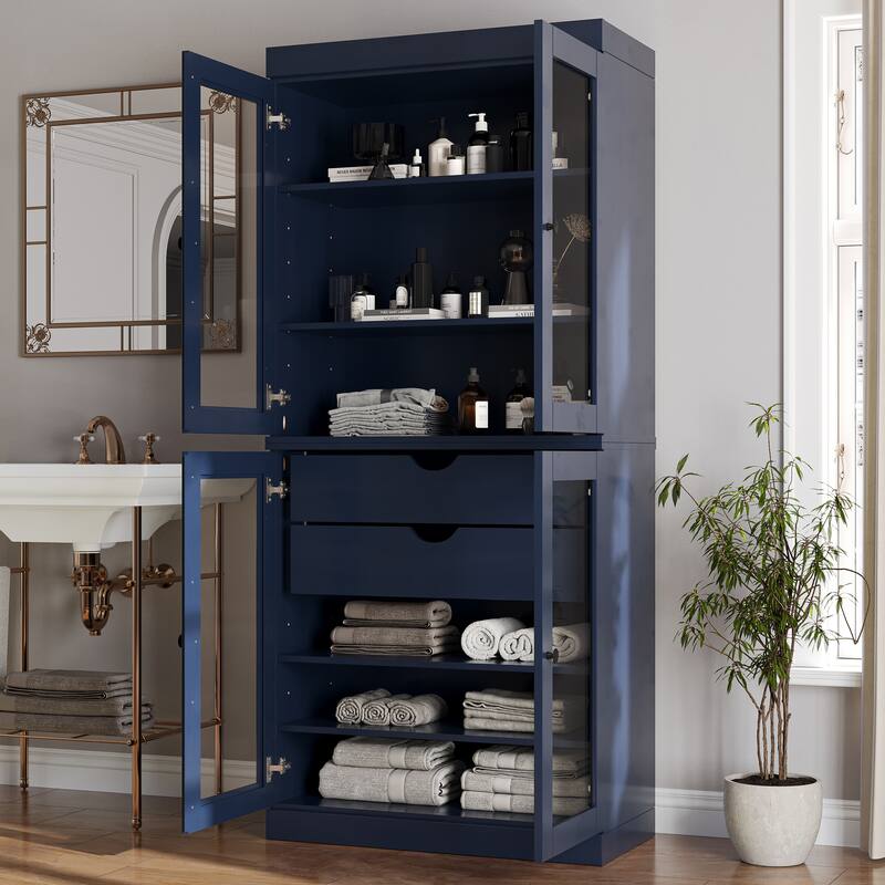 Palace Imports 100% Solid Wood Bathroom Storage Cabinet, Clear Glass Doors, 2 Drawers, Adjustable Shelves, 32" Wide, 71.5" Tall - Navy