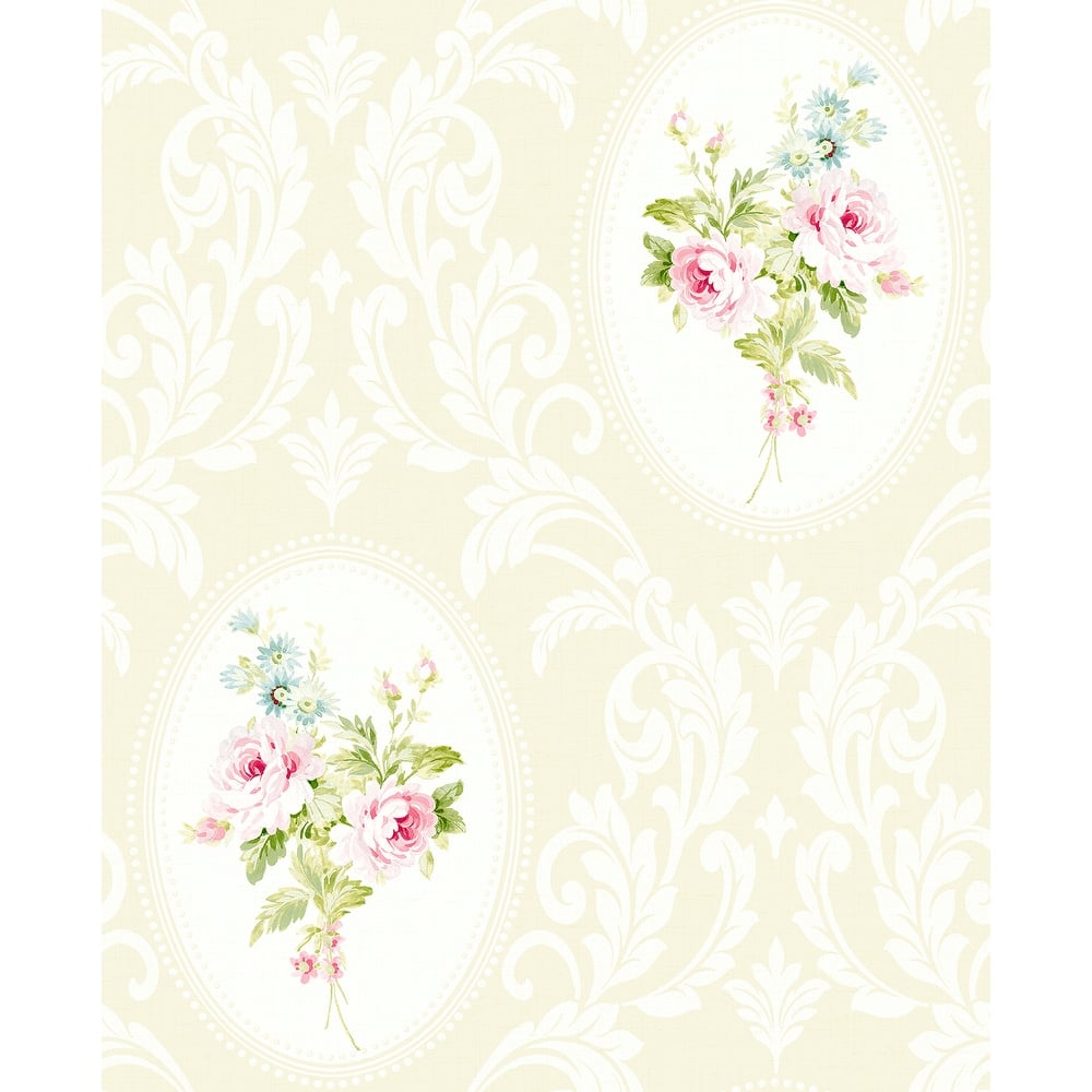 Seabrook Designs Francesca Framed Bouquet Damask Unpasted Wallpaper