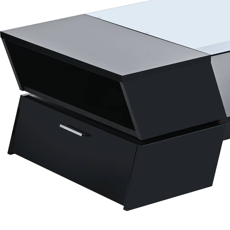 Glass-Top Coffee Table with Open Storage Shelves and Cabinets, Rectangular Cocktail Table 2-Tier Center Table for Living Room