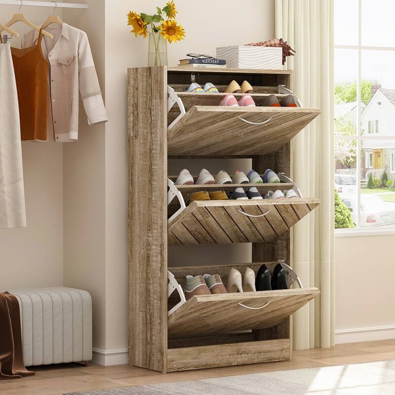 FUFU&GAGA Freestanding 3 Flip Drawers Shoe Cabinet Storage Organizer - Oak