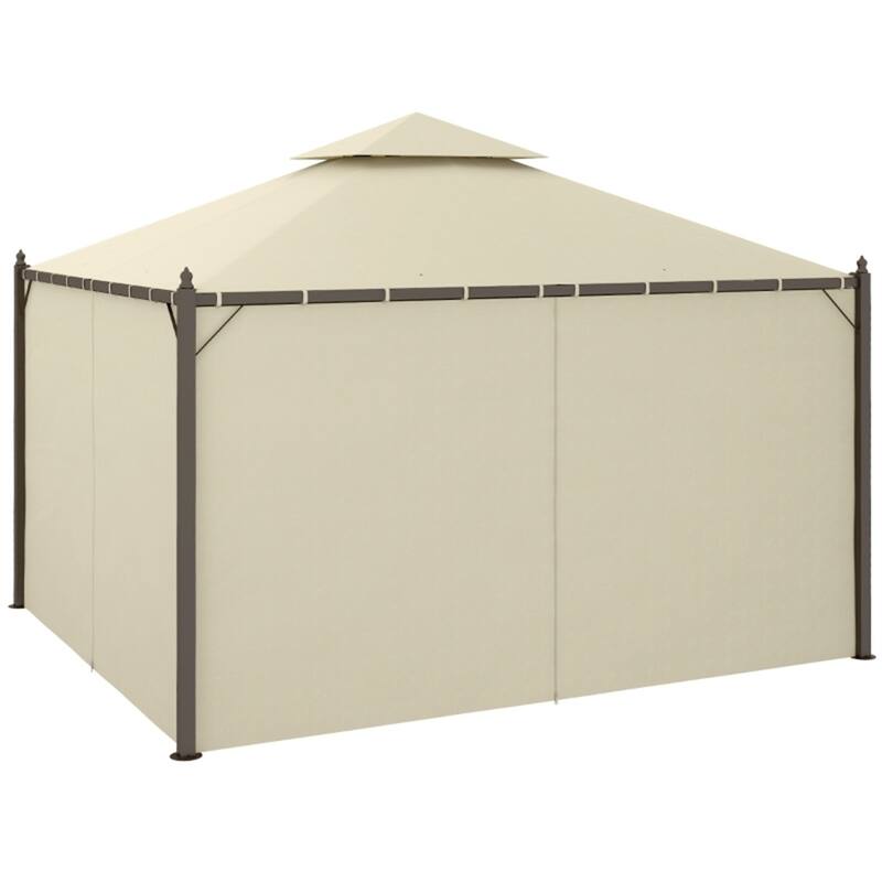 Dark Coffee Outdoor Gazebo with Beige Polyester Curtains Powder-Coated Steel Frame Two Tier Ventilated Canopy Patio Garden - Beige