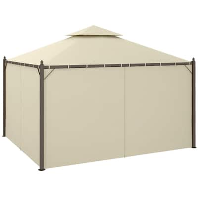 Dark Coffee Outdoor Gazebo with Beige Polyester Curtains Powder-Coated Steel Frame Two Tier Ventilated Canopy Patio Garden