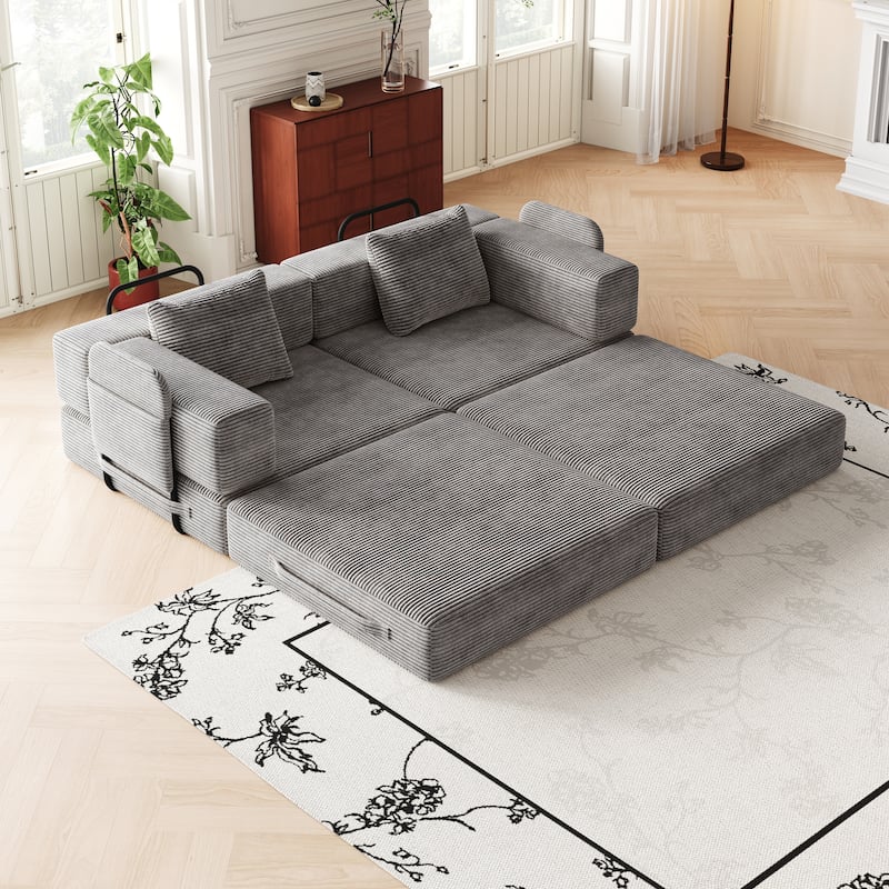 Folding Loveseat Sofa Convertible Sleeper Sofa Bed, Floor Standing Couch Bed Corduroy Floor Mats with Side Pockets and Pillows