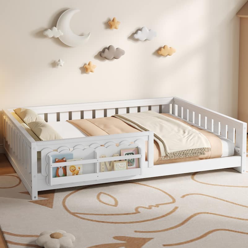 Kid Wood Platform Storage Bed Montessori Toddler Floor Bed Children Daybed with Guardrail and Side Creativity Storage Shelves - White - Full