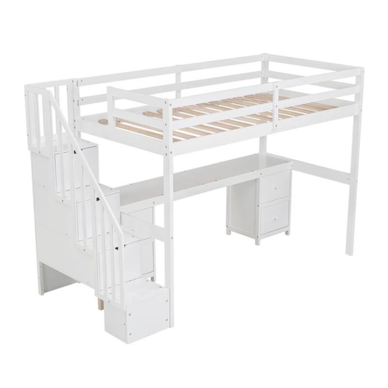 Twin Loft Bed with Built-in Desk and Double Drawers, White