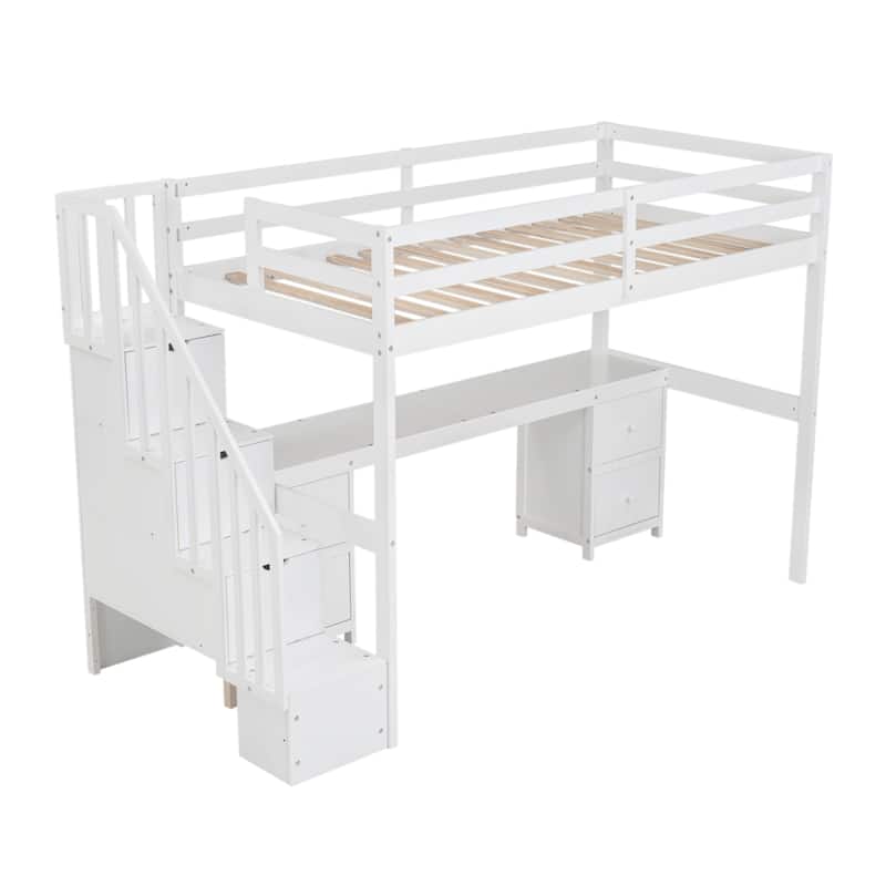 White Twin Size Solid Wood Loft Bed with Built-in Desk and Double Storage Drawers