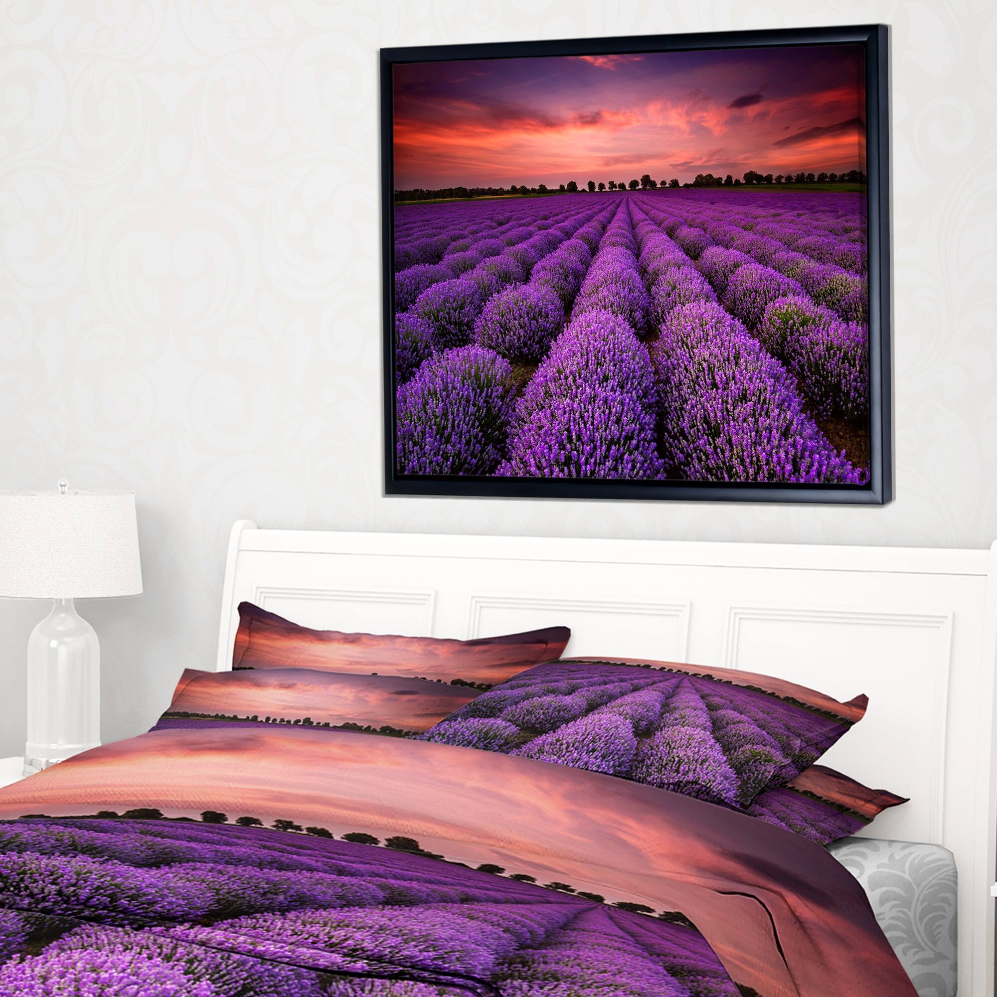Designart "Red Sunset Over Lavender Field" Landscape Framed Canvas Art