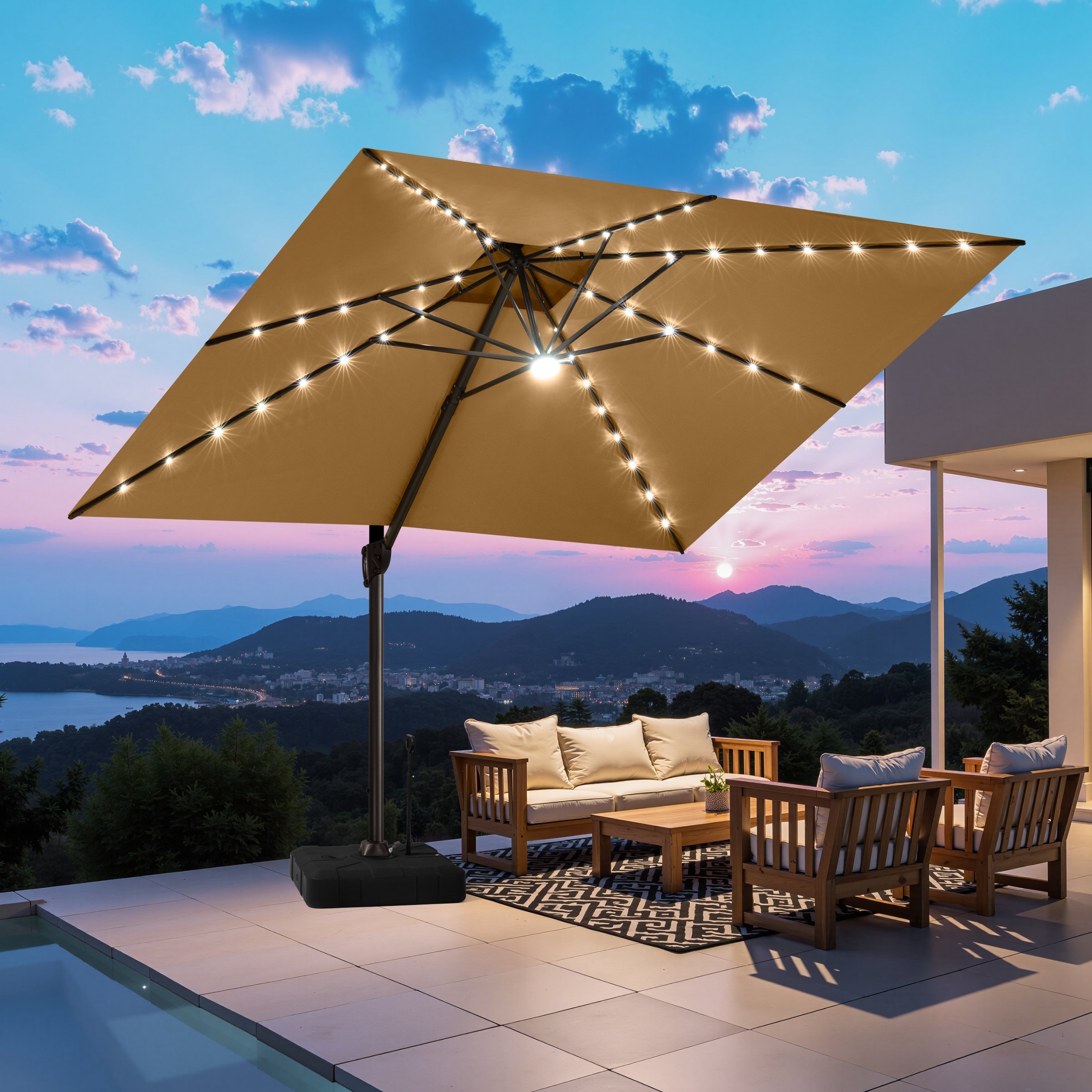 11 FT Outdoor Solar-Powered LED Light Aluminum Patio Cantilever Umbrella with Base