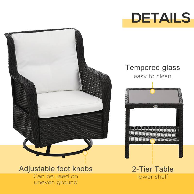 Outsunny 3-Piece Patio Bistro Set, PE Rattan Wicker Outdoor Furniture with Soft Cushions, 2 360° Swivel Rocking Chairs