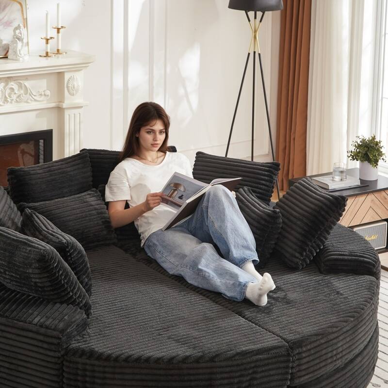 78.5" Corduroy Round Oversized 2-In-1 Sofa Bed, Neck Pillow Design With Four Throw Pillows