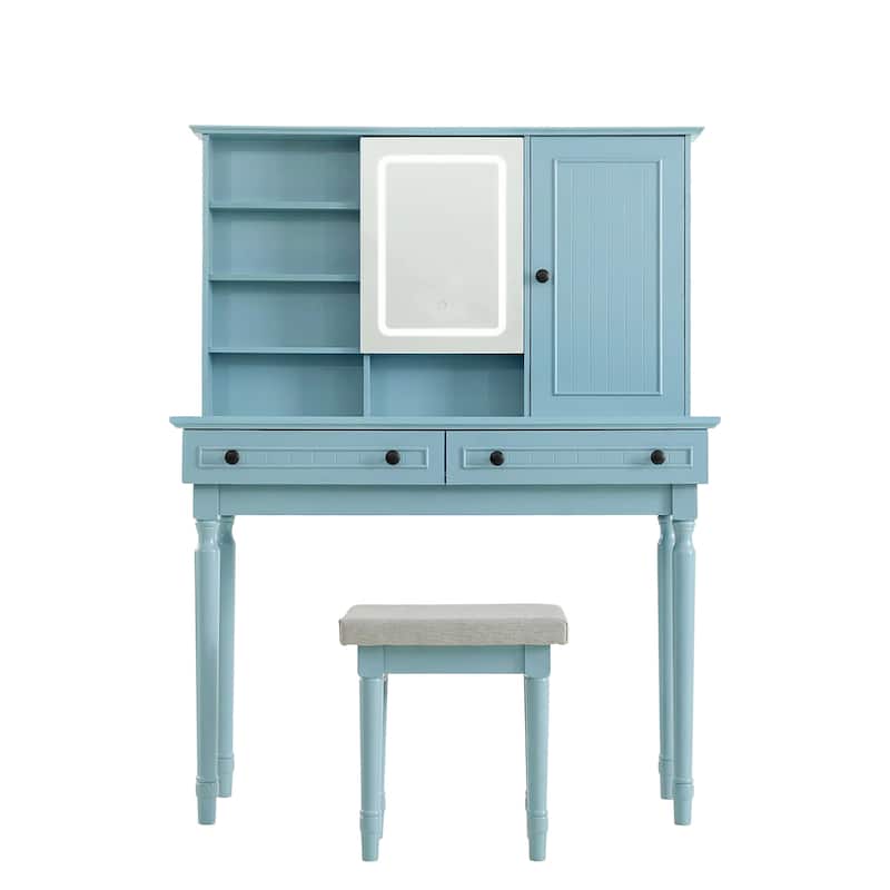 Vanity Desk with Adjustable Lighted Mirror & Upholstered Stool