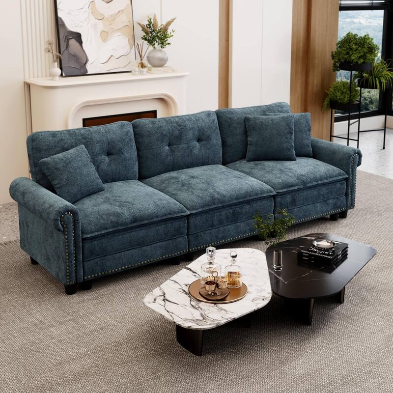 MAISON ARTS Mid-Century Modern Oversized Modular Sectional Couch Set with Ottoman, Cloud Sofa with Throw Pillows for Living Room - Blue 3-Seater