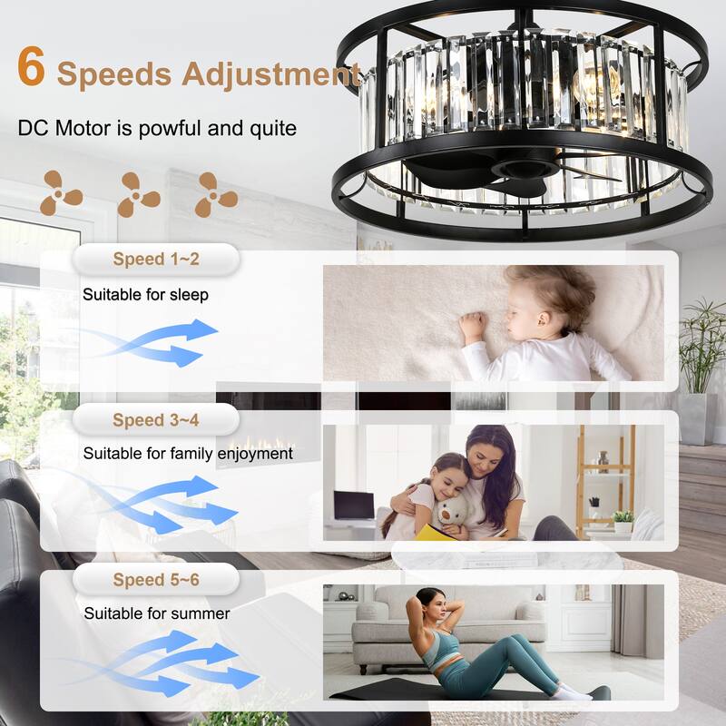 Bella Depot 20" Modern Glass Caged Ceiling Fan with Light and Remote 6-Speed Reversible DC Motor