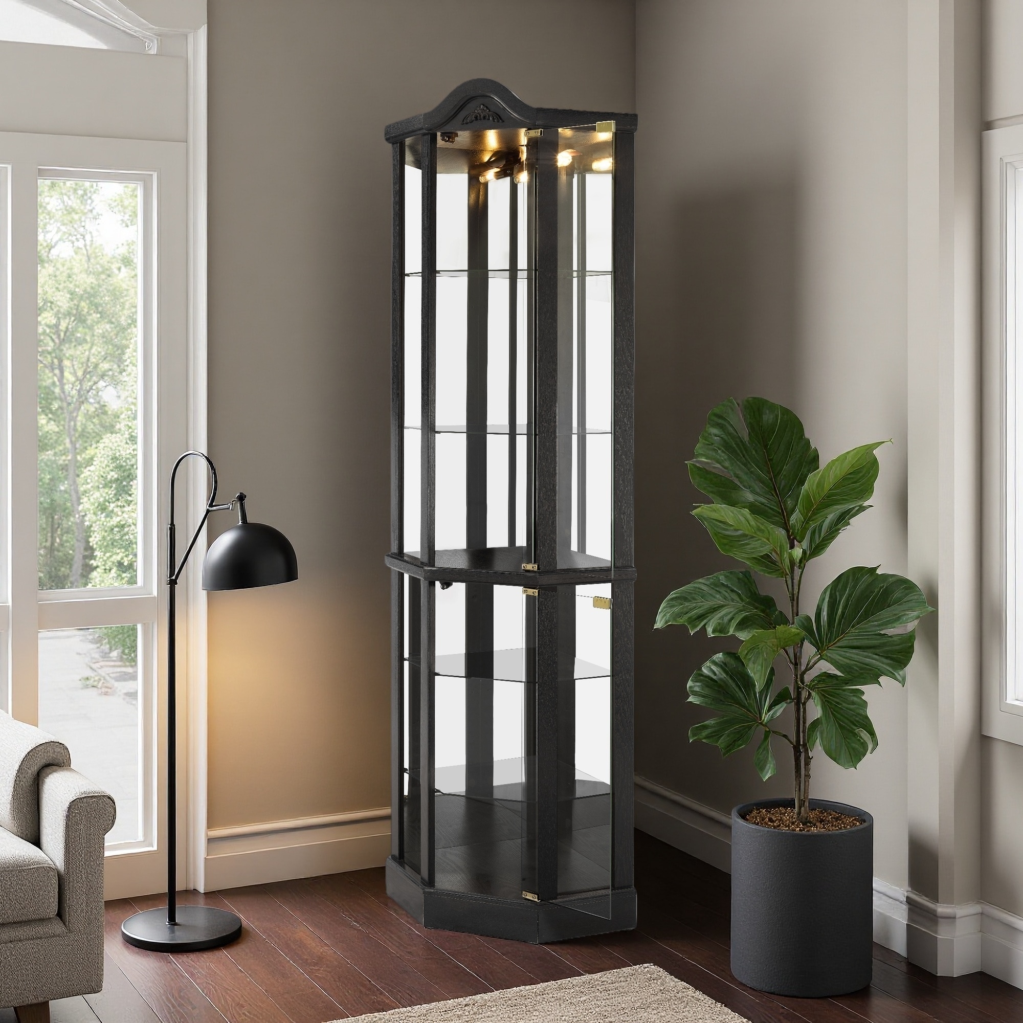 71.93"H Lighted Glass Corner Curio Cabinet, Adjustable Shelves, Anti-Tipping Mechanism