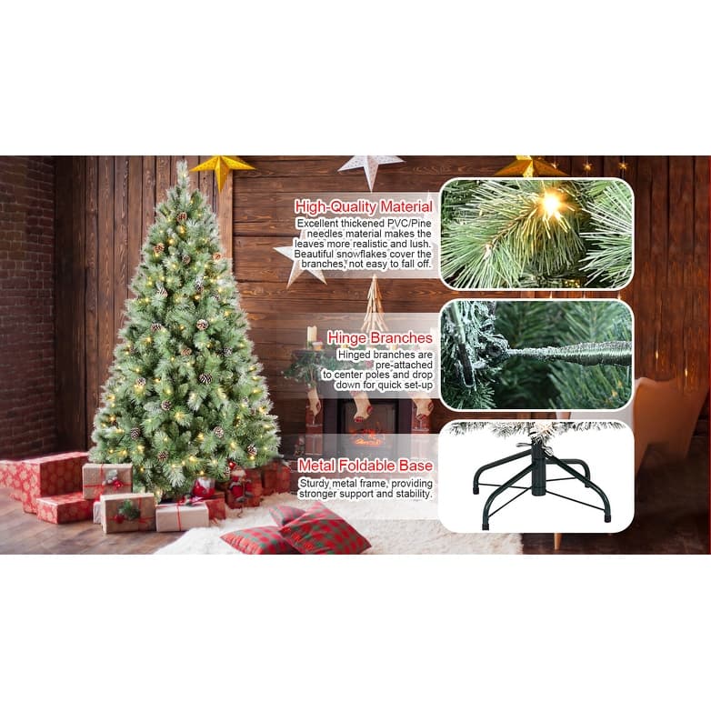 9FT Christmas Tree with 700 Warm White LED Lights-2518 PVC & Hard Needle Tips,122 Pine Cones, Hinged Branch Design