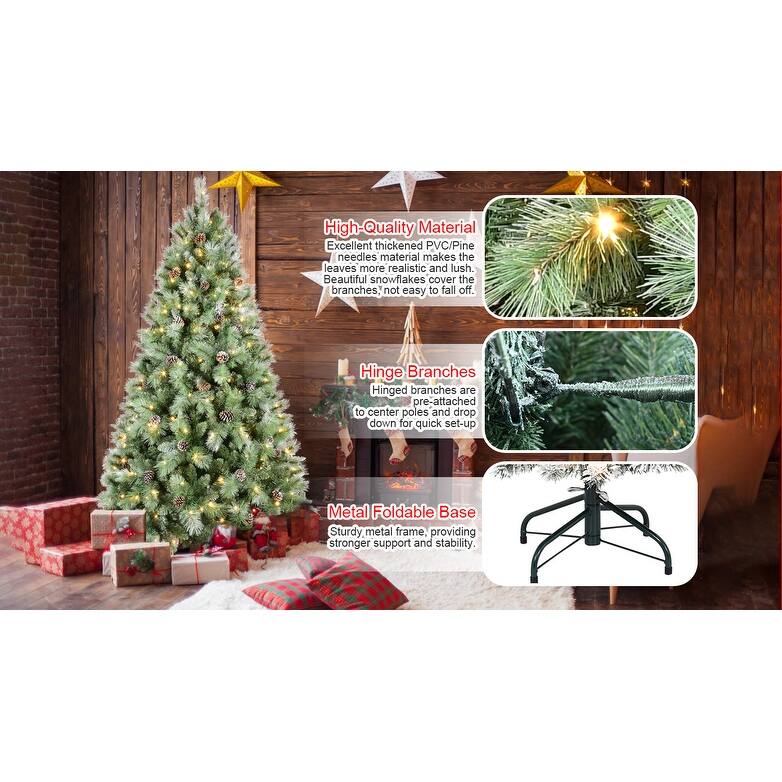 Pre-Lit Artificial Christmas Tree - Warm White LED Lights, PVC & Hard Needle Tips, Pine Cones, Metal Stand - Green