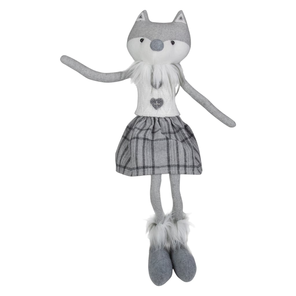 22" Gray and White Girl Fox Sitting Christmas Figure with Dangling Legs