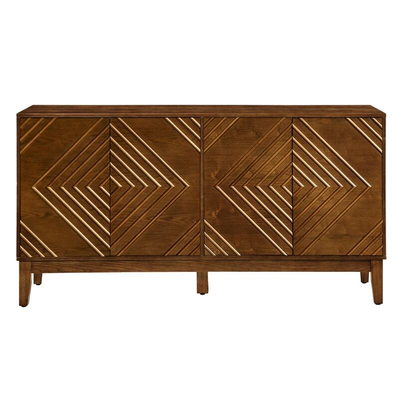 Farmhouse Fluted Buffet Cabinet with Concealed Handle Cabinet Doors for Living Room, Kitchen and Dining Room, Walnut Brown