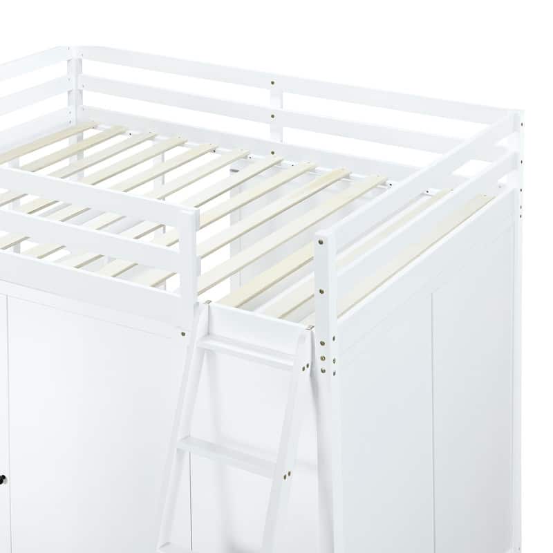 Full Size Wooden Loft Bed with Wardrobe and Desk and Shelves